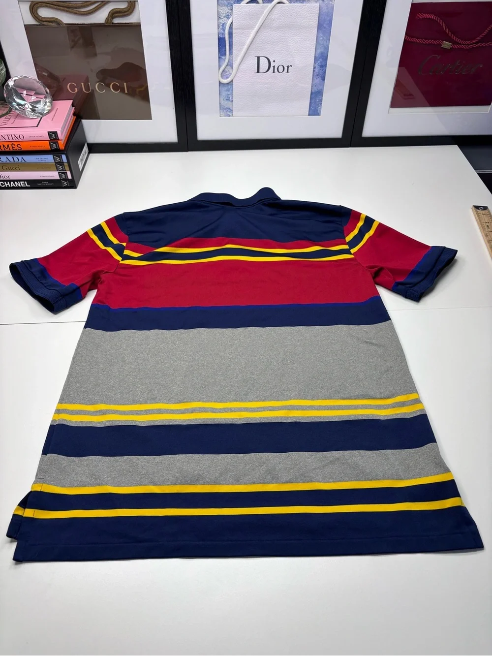 Ralph Lauren Navy, Red, Gray & Yellow Striped Polo EUC  Child Size L